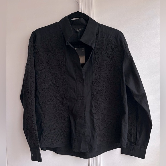 MASSIMO DUTTI 100% Cotton Poplin Shirt With Embroidered Detail In Schwarz - Picture 8 of 8